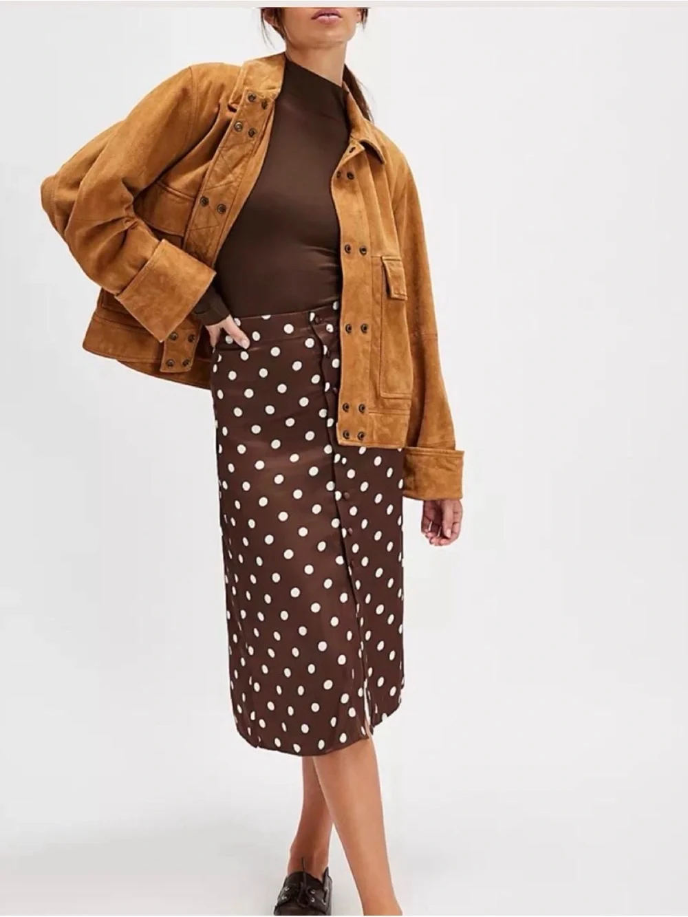 Free People Polka Dot Brown Midi Skirt